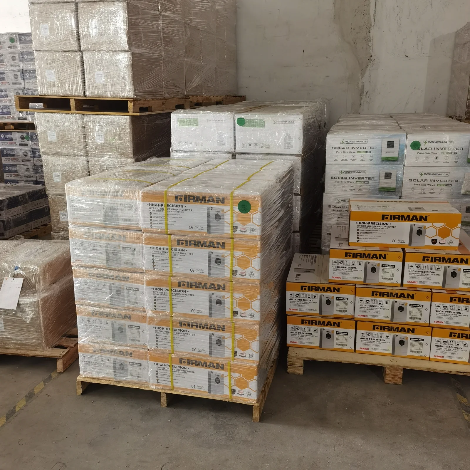 Packaged solar inverters in warehouse storage